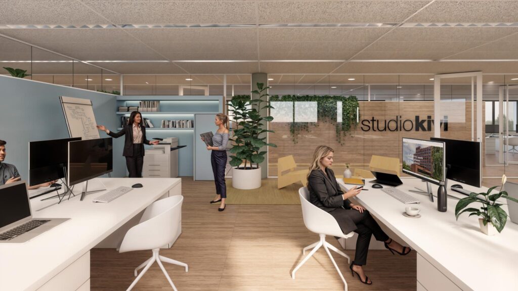 Modern kantoorinterieur van Studio Kiwi met mensen aan het werk en overleggen in een open werkruimte.